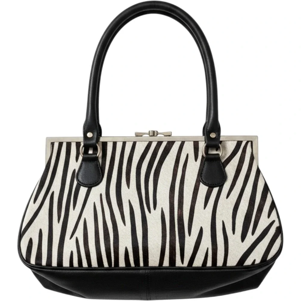 Bougainvillea Zebra Print Faux Fur Satchel Bag Black Faux Leather Kiss Lock